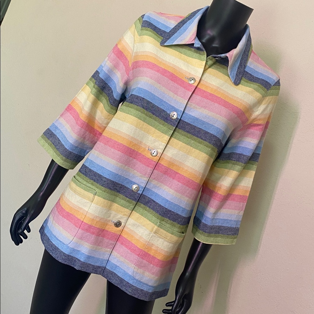 Alfred Dunner Pastel Striped Knit Buttoned Blazer Top Pink, Yellow, Blue, Cream